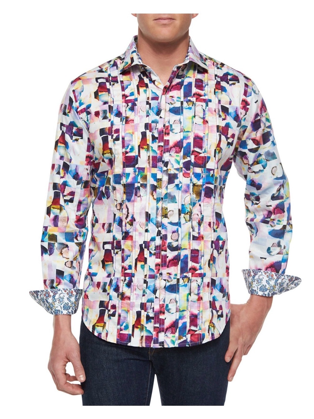 Men's Multicolor Abstract Print Dress Shirt - White Base